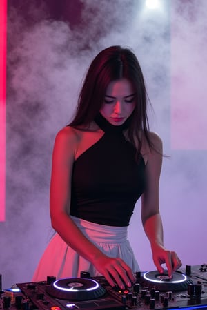 A refined woman in a sleek black top and flowing white skirt, surrounded by swirling mist, plays a DJ set with intense focus, her hands moving deftly over the turntables, inspired by the expressive brushstrokes of Zhu Da, the bold colors of Gutai, and the vibrant energy of Tumblr, with a nod to DJ Sura's dynamic style, set against a futuristic rave backdrop, with sharp lighting and deep shadows, rendered in stunning photorealism,hotgirl_vyvanle