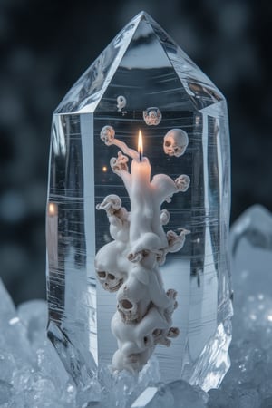 An extremely detailed and hyper-realistic Macro view of an ice crystal, revealing a candle has a well-detailed sculpture in wax of many skulls and bats. hidden inside its structures, Enhanced all, Frozen in time