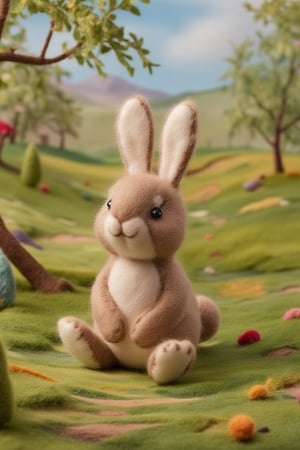 A very beautiful cute baby rabbit sewn from felt. in the forest landscape seen from the side,AnMifelt