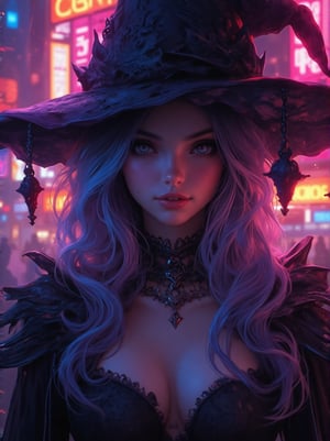 a woman dressed as a witch, with a beautiful face, in the hyper-realistic anime art style, set against a backdrop of neon lights ar, MidnightWitch