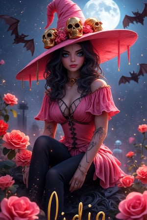 A mesmerizing 3D anime-style portrait of Catrina, a young woman adorned in an elaborate Day of the Dead ensemble. Her long, curly black hair cascades down her back, and her large, expressive blue eyes are framed by delicate lashes. Seated atop a tombstone in a moonlit cemetery, Catrina dons a stunning pink long-brimmed hat adorned with 3D gold skulls. Surrounding her are vibrant pink and red roses, intermingled with glimmering fairy dust. The ethereal atmosphere is further accentuated by the presence of bats in the night sky. The luminous moon casts a soft glow on the scene, and the word "Lidia" is elegantly inscribed in golden letters at the bottom. The harmonious blend of gothic and vibrant colors creates a dream, MidnightWitch