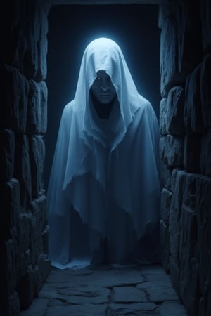 A dark fantasy cinematic shot of a ghostly figure shrouded in an ethereal cloak. The figure is peeking out from a narrow window in an ancient stone structure. The cloak emits a pale, translucent glow. The background is dark and shadowy. The ground below is made of worn stone tiles. The atmosphere of the image is mysterious and suspenseful. The lighting and shadows create a vibrant atmosphere. The close-up shot captures the intricate details of the figure's facial features. The high-contrast lighting emphasizes the figure's eyes.,Vshorror