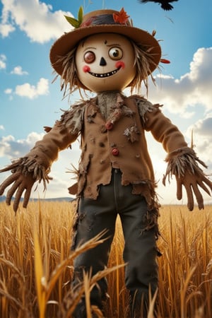 In a windswept field, a weathered scarecrow stands sentinel among rows of ripening golden wheat, its tattered fabric arms stretched wide as if welcoming the gentle breeze that rustles through the stalks. The straw-filled torso, once vibrant with color, now fades into soft, muted hues of brown and beige, speckled with remnants of autumn leaves that cling stubbornly to its frame. A crooked, hand-painted smile adorns the burlap face, which has grown eerily lifelike with the passage of time, two mismatched buttons serving as eyes that seem to twinkle mischievously in the afternoon sun. Above, the azure sky contrasts with fluffy white clouds lazily drifting by, while the sweet scent of fresh soil mingles with the rich aroma of warm sunshine. In the distance, the faint rustle of the wind through the grass is punctuated by the occasional caw of a raven, circling overhead as if assessing the old guardian of the field. Shadows lengthen as the sun begins its descent, casting a warm, golden light that dances across the landscape, giving the scene a tranquil yet slightly eerie ambiance. The scarecrow stands alone, embodying both protection and an odd sense of companionship—a silent witness to the passing seasons and the dance of life around it,Vshorror,Enhanced all