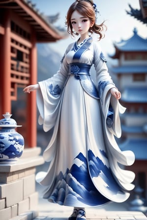 1girl, full-body, china ko, simple background, bright color, reddish cheeks, blue and white porcelain clothes, blue city, front, recent photo, blue and white porcelain mountain, blue and white porcelain building, blue and white porcelain background