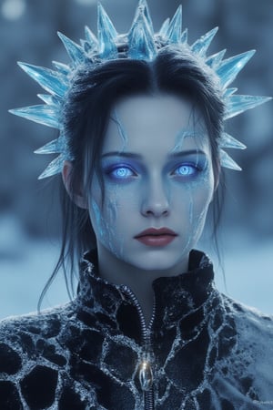 A female figure with deep, sorrowful eyes that glow faintly in icy blue. Her pale skin is smooth, but cracks of frost have begun to form along her cheeks and forehead, hinting at a frozen, deathly power beneath. Her dark hair is tied back tightly, with stray strands frozen in place. She wears a sleek, high-collared robe made of black and silver, with intricate patterns resembling frost creeping along its surface. Around her head, sharp, crystalline structures form a jagged halo, their translucent blue surfaces catching the light in sharp, cold reflections. The background is a void of cold blues and whites, resembling a frozen wasteland..Avatarwar