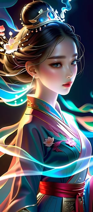 masterpiece,official art,extremely detailed cg unity 8k wallpaper,highly detailed,absurdres,8k resolution,studio light,studio,exquisite facial features,prefect face,pink eyeshadowsm,red lips,highres,1girl,Steady,calm,Wuxia,traditional Chinese costume,(Smoke:1.2),(glowing behind it:1.2),depth of field,panorama,cinematic lighting,fullbody,ray tracing,best quality,minimalist hologram,glow,dreamgirl,Glowing sign,