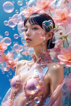 (close-up face view:1.9),a woman in a pink dress blowing bubbles, high fashion magazine cover, glossy flecks of iridescence, of a youthful Japanese girl, wearing translucent sheet, blue sky above, promotional render, adorned in a transparent plugsuit, delicate crystal wings extending gracefully, immersed in an alien landscape, clouds forming a celestial ballet, exotic flora adding to the dreamlike atmosphere.",more detail XL,glitter,Glass Elements,skirtlift,dreamgirl