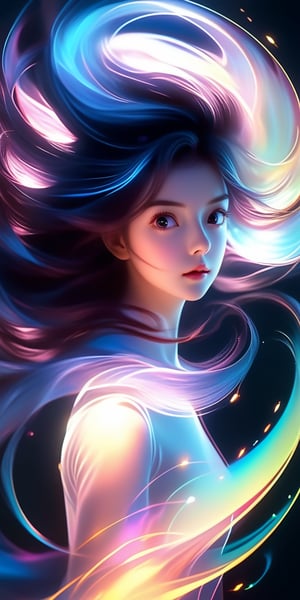 1girl, Airbrushing (Beautiful mystical allure) long swirling hair, smart, environment, Using airbrushing for art, often for smooth gradients, spray effects, or automotive art,1 girl,anime,minimalist hologram,glow