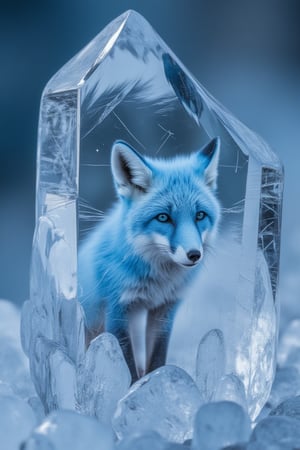 An extremely detailed and hyper realistic Macro view of an ice crystal, revealing a blue fox hidden inside its structures,Frozen in time