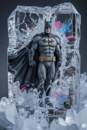 A stunning 3D relief sculpture of Batman, captured as he struggles to break free from a block of ice, his powerful, muscular form and iconic suit accentuated by intricate details. The thickness of the ice varies, with Batman’s face and hands partially revealed beneath thinner layers, as if he is pushing through, his determined expression visible. The surface of the ice is textured with cracks and frost, creating a striking sense of realism, while the interplay of light and shadow enhances the translucent effect, highlighting the contours of his form.

Around the base of the sculpture, frozen tech elements are embedded, giving the piece a futuristic touch, while graffiti art adds an urban twist. Bold, vibrant spray-painted designs—abstract shapes, bright colors, and graffiti-style text—are scattered across the ice block and parts of Batman’s suit. The contrast between the pristine, cold ice and the raw energy of graffiti creates a dynamic fusion of styles, giving the piece an edgy, modern feel., photo, illustration, cinematic,Enhanced all,Vshorror,Frozen in time