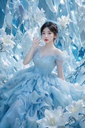 BeNhi, A masterpiece of exquisite CG, this 8K wallpaper masterwork showcases a solo woman in a stunning dress, surrounded by delicate Crystal shiny. Her short hair is adorned with a blue bow, and her blue skirt features intricate ruffles that match the hue of her eyes. A blue theme reigns supreme, from the earrings to the lilies, as she poses dynamically amidst the crystal cave. Tears glisten on her cheeks, adding an air of vulnerability to her lolita-inspired look, complete with long eyelashes and bold red lips.,Enhanced all,crystal_cave_model