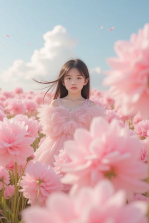 pink_flower_meadow, Portrait of a little girl in a field of fluffy, soft pink flowers, surrounded by vibrant, billowing petals that create a dreamy atmosphere. The setting is an ethereal landscape under a clear, sunny sky, with soft clouds adding to the serene vibe. The girl is wearing a delicate, feathery dress in shades of pastel pink, adorned with sparkling embellishments that catch the light. Her hair flows gently in the breeze, blending harmoniously with the floral surroundings. The overall aesthetic is hyperrealistic, capturing the intricate details of the flowers and the texture of the fabric, with a color palette dominated by soft pinks, whites, and gentle hints of blue from the sky, creating a whimsical and romantic mood.,Enhanced all,Asian