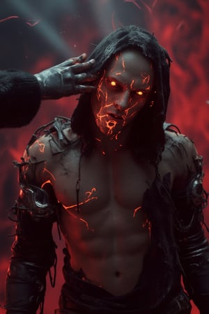 A cinematic digital art piece of a chaotic Rogue-Psion with glowing red veins creeping across his face poised as receiving some telepathic disruption. His tattered hood barely covers the exposed cybernetics implanted along his back and arms. His eyes burn with a bright, psychic energy, and faint, neon distortions ripple around him. The background is filled with swirling, red-tinted smoke and glitchy, digital anomalies..Avatarwar