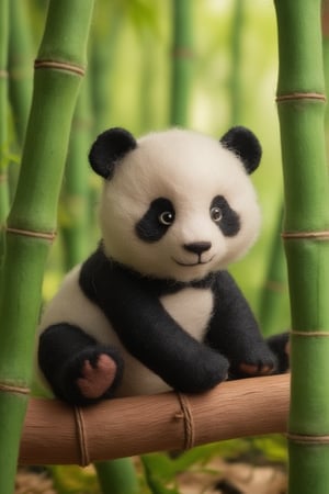 a very beautiful cute panda baby sewn from felt. in the bamboo forest seen from the side.,AnMifelt