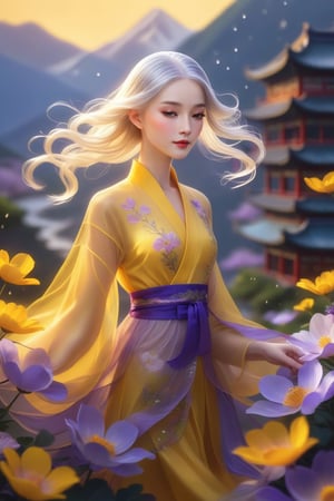 1 girl, upper body close-up, white hair, flowing hair, hazy beauty, extremely beautiful facial features, yellow embroidered dress, hair clip on the head, purple flowers, (spring, rainy days, terraces, mountains), simple vector art, contemporary Chinese art, soft light, layered form, seen from above,minimalist hologram,glow