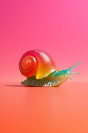 
snail, shell made out of gummiLay, colorful, gradient background, no humans, fruit, animal, pink background, holding food, realistic, animal focus,gummiLay