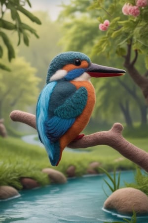 A very beautiful detailed kingfisher sewn from felt. on a branch in a river landscape seen from the side,AnMifelt