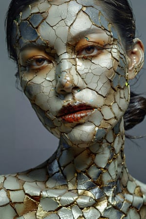 Highly detailed and hyper-realistic photo portrait ofa beautiful woman from another world with pale iron skin, broken, skin texture with dark skin in cracks,, intricate, ultra-realistic, elegant, highly detailed, concept art, smooth, sharp focus,BrokenIR,sexy asian