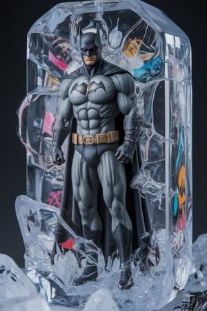 A stunning 3D relief sculpture of Batman, captured as he struggles to break free from a block of ice, his powerful, muscular form and iconic suit accentuated by intricate details. The thickness of the ice varies, with Batman’s face and hands partially revealed beneath thinner layers, as if he is pushing through, his determined expression visible. The surface of the ice is textured with cracks and frost, creating a striking sense of realism, while the interplay of light and shadow enhances the translucent effect, highlighting the contours of his form.

Around the base of the sculpture, frozen tech elements are embedded, giving the piece a futuristic touch, while graffiti art adds an urban twist. Bold, vibrant spray-painted designs—abstract shapes, bright colors, and graffiti-style text—are scattered across the ice block and parts of Batman’s suit. The contrast between the pristine, cold ice and the raw energy of graffiti creates a dynamic fusion of styles, giving the piece an edgy, modern feel., photo, illustration, cinematic,Enhanced all,Vshorror,Frozen in time