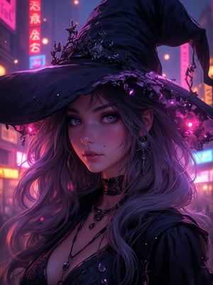 a woman dressed as a witch, with a beautiful face, in the hyper-realistic anime art style, set against a backdrop of neon lights ar, MidnightWitch