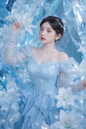 BeNhi, A masterpiece of exquisite CG, this 8K wallpaper masterwork showcases a solo woman in a stunning dress, surrounded by delicate Crystal shiny. Her short hair is adorned with a blue bow, and her blue skirt features intricate ruffles that match the hue of her eyes. A blue theme reigns supreme, from the earrings to the lilies, as she poses dynamically amidst the crystal cave. Tears glisten on her cheeks, adding an air of vulnerability to her lolita-inspired look, complete with long eyelashes and bold red lips.,Enhanced all,crystal_cave_model