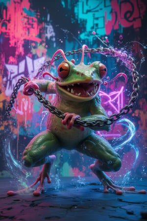  A 3D render of a cyberpunk artwork. The artwork is a mesmerizing scene with abstract brushstrokes of vibrant colors.The background is alive with neon graffiti, futuristic heraldry, and a palpable sense of movement. The dominant figure is a crazy frog-like being with sharp teeth, whipping a jagged whip with a chain, ready to strike. The being’s amphibian features, and intricately detailed whip seamlessly blend into the high-tech, abstract backdrop. The lively neon designs around the being add a touch of the ethereal.3dartCA,Midjourney_Whisper