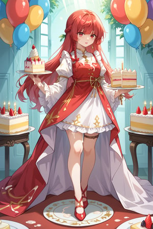 1girl, holds a plate with a birthday anniversary cake. The cake has big-sized,natural light,light rays,birthdays, birthday cake, dress, thighighs, leg strip,full body,
score_9,score_8_up,score_7_up,source_anime,BREAK,excessive cum,vary long hair, red hair, red eyes, braid