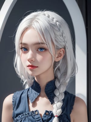 1 girl,white hair,long,braid,big blue eyes,light skin,small mouth,small nose,slight smile.