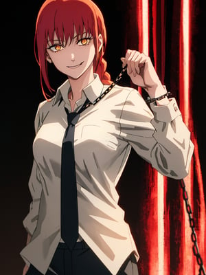 makima \(chainsaw man\), best quality, ultra detailed, 1girl, solo, standing, red hair, long braided hair, golden eyes, bangs, medium breasts, white shirt, necktie, stare, smile, (evil:1.2), looking at viewer, (interview:1.3), (dark background, chains:1.3) makima \(chainsaw man\)