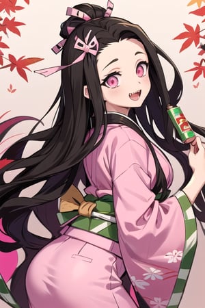 Nezuko Kamado/(Kimetsu no Yaiba)/pink eyes, visibly large and prominent fangs,She wears a light pink kimono with an asanoha (hemp leaf) pattern, the lining of a lighter pink, held back by a red and white checkered hanhaba obi with an orange thread obijime and a green obiage.