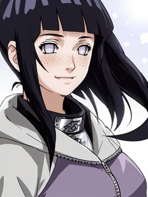 Hinata Hyuga,smiling and embarrassed,image background and leaf village in naruto,netural lighting, dynamic Angle, neon, Backlit, bokeh, Chiaroscuro, (freckles:0.9)