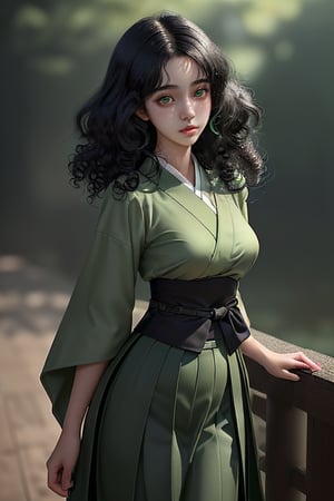 best quality,masterpiece,looking at viewer,blurry background,volumetric lighting,1 girl, 18 years old, black hair, Blowout Curls, green eyes, thin body, detailed bust, natural skin texture, skirt, japanese clothing
