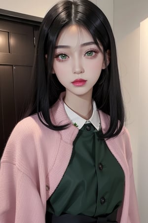 1 oriental girl, 20 years old, green eyes, black hair, straight and long, small mouth, wearing light pink lipstick, pink cheeks, light skin, small nose
