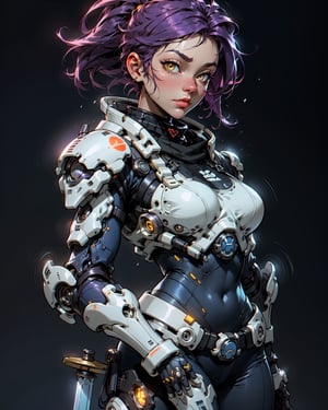 [ grimes in medieval cyberpunk armor ]! holding a [ sword in her hand ]! looking out into the [ futuristic cyberpunk city ]!, digital art! style, trending on [ artstation ]!, 4 k, cgsociety contest winner, award winning, neon! lighting, neon subsurface scattering!!, intricate, detailed, volumetric lighting!, face the viewer,color full armor, splash art, white skin, with sword,purple hair, yellow eyes,wide_background, night life, holding a sword, 