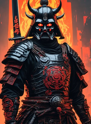 (8k uhd, masterpiece, best quality, high quality, absurdres, ultra-detailed, detailed background), (full body:1.4), (a Japanese Darth Vader samurai with great sword, walking across a bunch of Japanese stormtroopers samurai), (beautiful, aesthetic, perfect, delicate, intricate:1.2), (color scheme: black), (size and shape of great sword: Daishō, massive and double-edged), (type of armor: oni style helmet, black eyes, bone and leather), (environment: ancient Japan street, outside, cyberpunk, Cyberpunk,), perspective: slightly low angle to emphasize the warrior's power, lighting: dramatic, with a spotlight illuminating the warrior's face and sword, (depth of field: shallow, with the warrior in sharp focus and the fiery background slightly blurred), cyborg style,Movie Still, cyborg,steampunk style