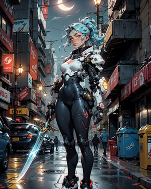 [ grimes in medieval cyberpunk armor ]! holding a [ sword in her hand ]! looking out into the [ futuristic cyberpunk city ]!, digital art! style, trending on [ artstation ]!, 4 k, cgsociety contest winner, award winning, neon! lighting, neon subsurface scattering!!, intricate, detailed, volumetric lighting!, face the viewer,colorful armor, splash art, white skin, with sword, yellow eyes, night life, holding a sword, stars, street lights, full_body,can see the moons, led light on the signs, colorful street, new york,