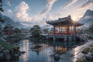 (8k, best quality, top level: 1.1), wide-angle lens:1.1,traditional architecture, high mountains and white clouds, clouds, ((Traditional Chinese Pavilion)), pilgrim,morning glow, sunrise, background, flowing water and detailed elements below. Desert