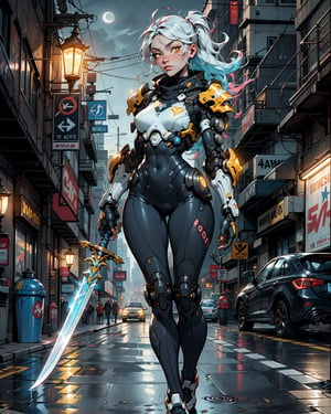 [ grimes in medieval cyberpunk armor ]! holding a [ sword in her hand ]! looking out into the [ futuristic cyberpunk city ]!, digital art! style, trending on [ artstation ]!, 4 k, cgsociety contest winner, award winning, neon! lighting, neon subsurface scattering!!, intricate, detailed, volumetric lighting!, face the viewer,colorful armor, splash art, white skin, with sword, yellow eyes, night life, holding a sword, stars, street lights, full_body,can see the moons