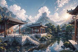 (8k, best quality, top level: 1.1), wide-angle lens:1.1,traditional architecture, high mountains and white clouds, clouds, ((Traditional Chinese Pavilion)), pilgrim,morning glow, sunrise, background, flowing water and detailed elements below. Desert