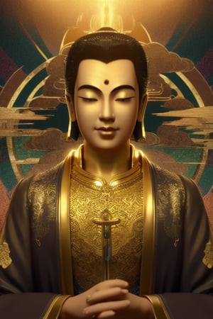 Sitting Amitabha Buddha Shouting Amitabha Buddha, (Gold: 1.2), smooth upper body, long-sleeved cassock, ray tracing, (Metal texture: 1.1), colorful clouds on background, (Best Quality: 1.0), (Ultra High Definition: 1.0), 8K, (Masterpiece: 0.2), (Half-closed eyes: 1.2)
