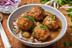fish meatballs in a bowl with a little gravy and a sprinkling of fried onions
