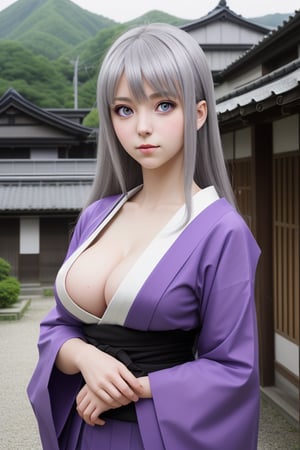 Beautifull girl, Busty, long hair purple, silver eyes, with background Japanese Village, komono, half body image, hyuga hinata