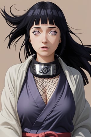 Realistic , masterpiece, beautifull girl, hinata, jacket, fishnets, headband around neck, looking at viewer,  floating hair,  medium boobs,hinata\(shippuden\), natural_background, white_yukata