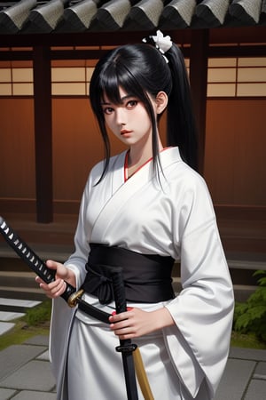 Beautifull girl, long black hair, bangs and ponytails, white samurai dress, half body image, black-eyes, japanese village, katana