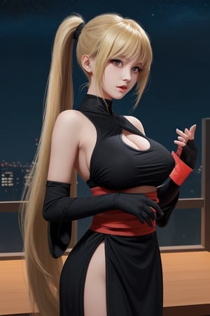 Beautifull girl, long blond hair, bangs and ponytails, ninja dress, half body image, black-eyes, night, kunai , big_boobies