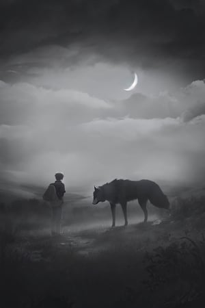 Boy and a wolf looking at each other, dark_atmosphere:;3, black_clouds, fog::2, moon