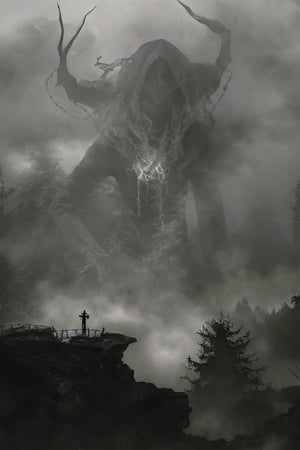 Satanic figure in the mist, demon, dark_atmosphere::3, fog::3, black_clouds, eerie