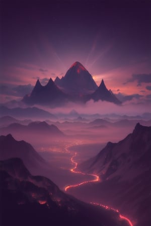 Giant mountain with magma flowing beneath it, big_mountain::3, dark_atmosphere::3, magma::2, black clouds, foggy atmosphere