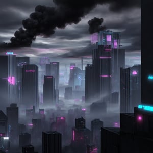 View of dystopian landscape, Dystopian future::3, Black Clouds::3, Dark_Atmosphere::2, Light Rain, Fog::3, Cyberpunk theme