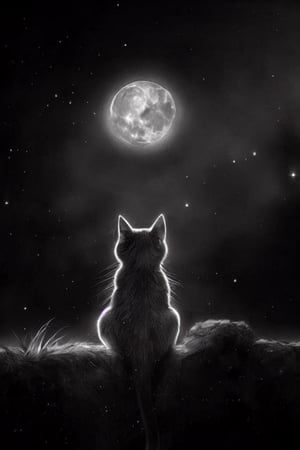 Cat staring at the moon out of the balcony at night, cat, bright_moon, dark_atmosphere